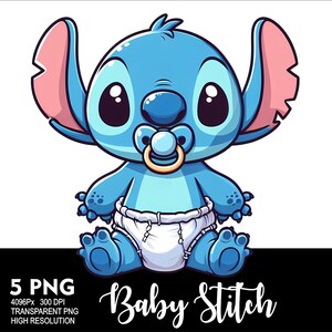 May include: A cartoon baby Stitch from Lilo & Stitch wearing a nappy and a dummy. The character is blue with large eyes and pink ears.
