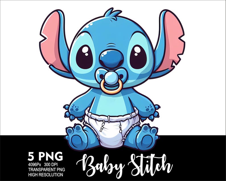 May include: A cartoon baby Stitch from Lilo & Stitch wearing a nappy and a dummy. The character is blue with large eyes and pink ears.