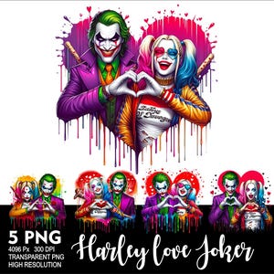May include: Harley Quinn and the Joker in a heart-shaped frame with dripping paint. They are both wearing their signature costumes and makeup. The image is in a vibrant color palette with pink, red, green, blue, and yellow.