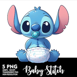 May include: A blue baby Stitch character with big eyes and a dummy. Stitch is wearing a nappy with a floral pattern and is sitting with its legs crossed.
