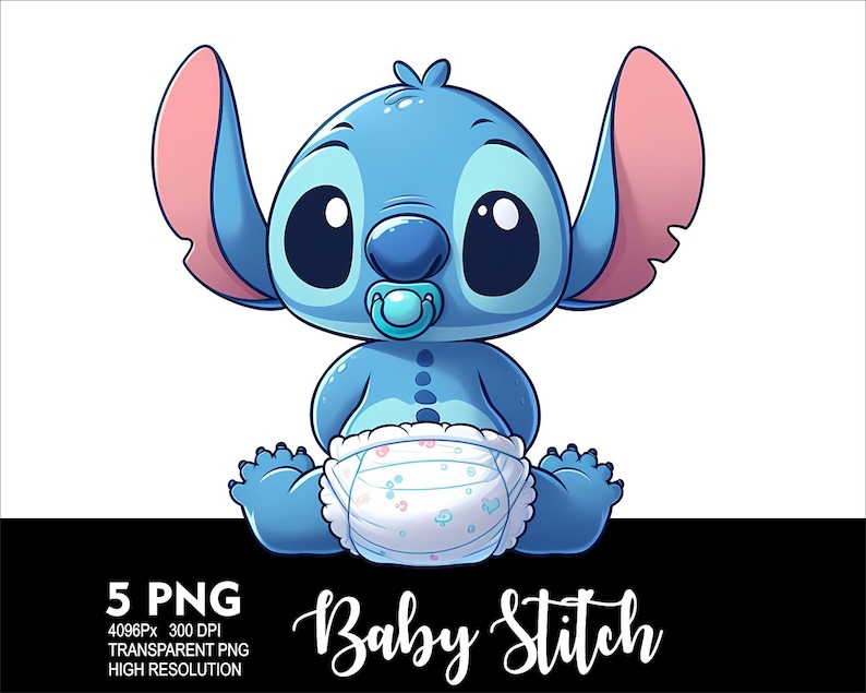 May include: A blue baby Stitch character with big eyes and a dummy. Stitch is wearing a nappy with a floral pattern and is sitting with its legs crossed.
