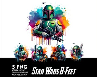 Star Wars B-Fett 5 PNG Design for WaterColor Sublimation Png 300DPI High Resolution Png Tshirt Mug Tumpler Starwars Mandalor Design