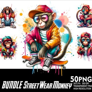 May include: A digital download bundle of 50 PNG images featuring cartoon monkeys wearing street wear. The monkeys are wearing colorful clothing, hats, and sunglasses. The images are set against a colorful background with paint splatters.