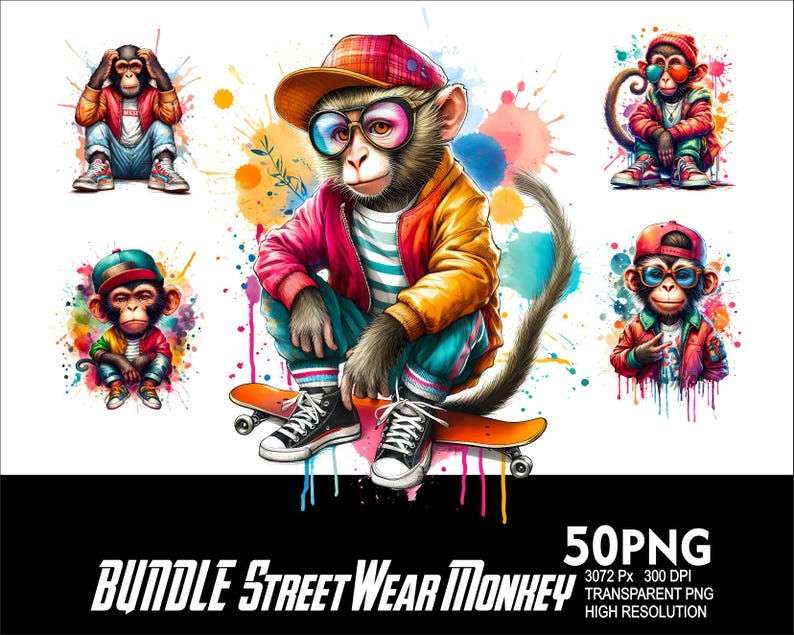 May include: A digital download bundle of 50 PNG images featuring cartoon monkeys wearing street wear. The monkeys are wearing colorful clothing, hats, and sunglasses. The images are set against a colorful background with paint splatters.