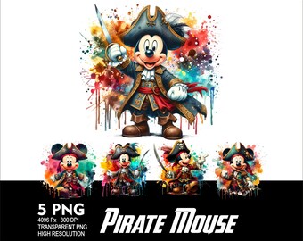 Pirate Mickey 5 PNG Design for WaterColor Sublimation Png 300DPI High Resolution Png Tshirt Mug Tumpler Pirate Mouse Design