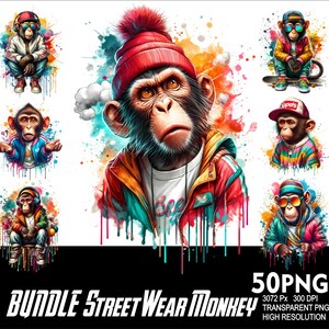 May include: A set of 50 digital illustrations featuring monkeys wearing street wear clothing. The monkeys are in various poses and wearing different outfits, including hats, sunglasses, and jackets. The illustrations are in a cartoon style and have a colorful, vibrant aesthetic.
