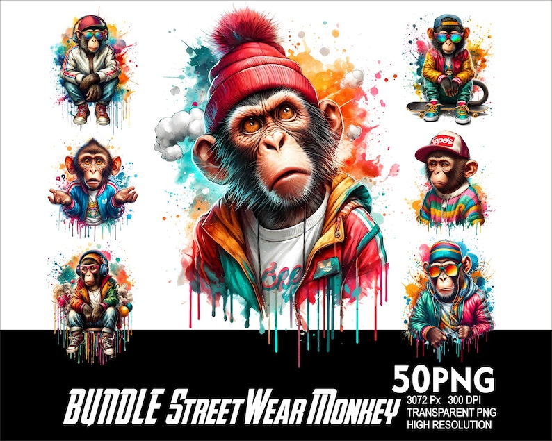 May include: A set of 50 digital illustrations featuring monkeys wearing street wear clothing. The monkeys are in various poses and wearing different outfits, including hats, sunglasses, and jackets. The illustrations are in a cartoon style and have a colorful, vibrant aesthetic.