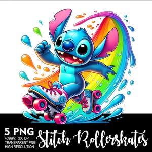 May include: Stitch, a blue cartoon character with large ears, is wearing roller skates and riding a rainbow wave. He is smiling and has a happy expression.