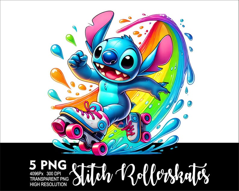 May include: Stitch, a blue cartoon character with large ears, is wearing roller skates and riding a rainbow wave. He is smiling and has a happy expression.