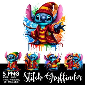 Op de afbeelding: Vijf digitale illustraties van Stitch uit Lilo & Stitch, gekleed als een Gryffindor-student uit Harry Potter. Stitch draagt een rood-gouden gewaad met een Gryffindor-sjaal en een punthoed. De illustraties zijn geplaatst tegen een kleurrijke achtergrond met verfspatten.