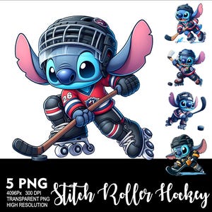 May include: Five digital illustrations of Stitch from Lilo & Stitch playing roller hockey. Stitch is wearing a blue jersey with red and white accents, a black helmet, and roller skates. The illustrations are set against a white background.