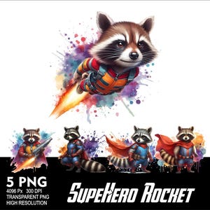 May include: Five digital illustrations of a raccoon superhero wearing a red, yellow, and blue costume with a rocket-shaped jetpack. The raccoon is flying through the air with a watercolor background. The text "SUPERHERO ROCKET" is at the bottom of the image.