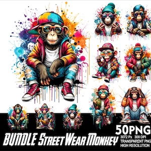 Paquete de 50 imágenes prediseñadas de mono de ropa de calle PNG Diseño de mono para sublimación Png 300 DPI Alta resolución Png Camiseta Taza Vaso Mono de dibujos animados
