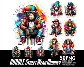50 BUNDLE Streetwear Monkey Clipart PNG Monkey Design for Sublimation Png 300DPI High Resolution Png Tshirt Mug Tumpler Cartoon Monkey