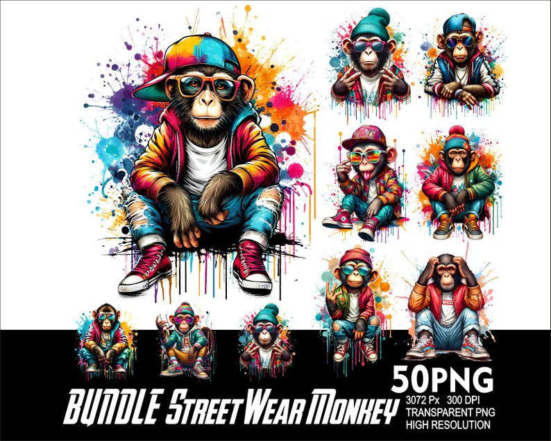 May include: A set of 50 digital illustrations featuring colorful cartoon monkeys wearing street wear clothing. The monkeys are wearing hats, sunglasses, and various outfits. The illustrations are in a vibrant, graffiti-style art style.