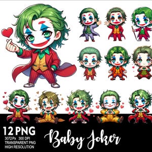 May include: A set of 12 digital illustrations featuring a cartoon baby Joker character in various poses. The Joker is wearing a purple and green jester costume with a red and white diamond pattern. The illustrations are in a cartoon style and are perfect for use in digital projects.
