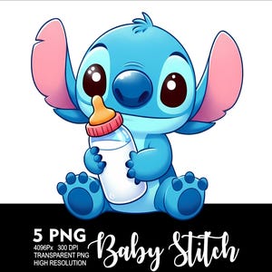 以下が含まれることがあります： ベビー・スティッチの漫画イラスト。青い宇宙人のキャラクターが哺乳瓶を持っています。スティッチは大きな目、ピンクの耳、青い鼻をしています。哺乳瓶は白いボディとオレンジ色の乳首が付いています。「Baby Stitch」の文字は筆記体で書かれています。