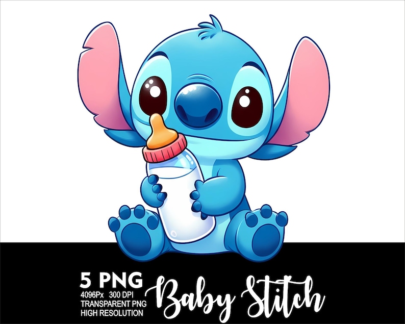以下が含まれることがあります： ベビー・スティッチの漫画イラスト。青い宇宙人のキャラクターが哺乳瓶を持っています。スティッチは大きな目、ピンクの耳、青い鼻をしています。哺乳瓶は白いボディとオレンジ色の乳首が付いています。「Baby Stitch」の文字は筆記体で書かれています。