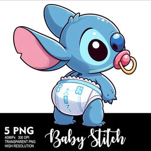 May include: A cartoon baby Stitch from Lilo & Stitch wearing a blue nappy with white polka dots and a pink dummy. The character has blue fur, large eyes, and a pink nose.