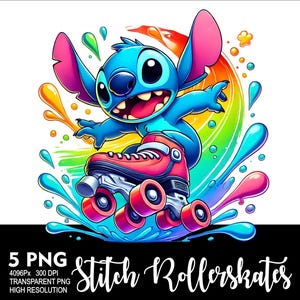May include: A blue Stitch character from Disney's Lilo & Stitch is wearing roller skates and is surrounded by colourful paint splatters. The image is a digital illustration.