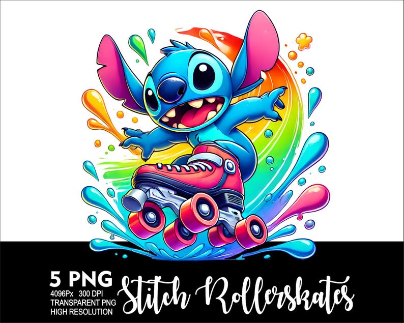 May include: A blue Stitch character from Disney's Lilo & Stitch is wearing roller skates and is surrounded by colourful paint splatters. The image is a digital illustration.