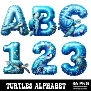 May include: A set of 36 alphabet and number balloon clipart images featuring blue, green, and white turtles with a sea-themed background. The clipart is perfect for creating invitations, party decorations, and other crafts.