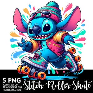 May include: A blue cartoon character with a pink hat and a yellow jacket is roller skating. The character has large ears and a big smile. The background is a white background with colourful splashes of paint.