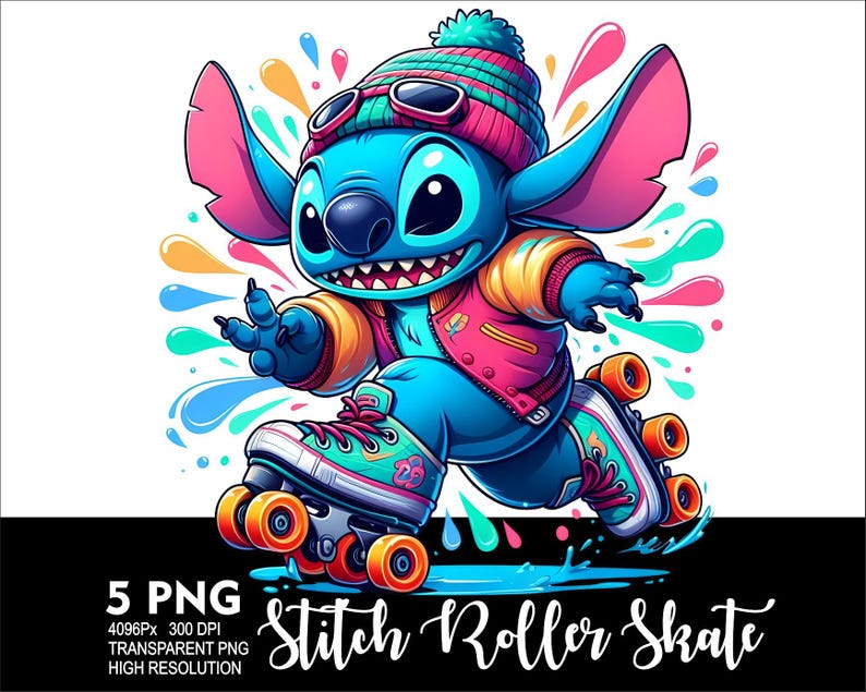May include: A blue cartoon character with a pink hat and a yellow jacket is roller skating. The character has large ears and a big smile. The background is a white background with colourful splashes of paint.