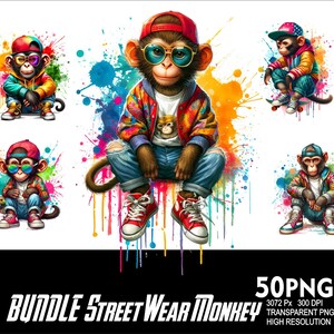 May include: A digital download of 50 PNG images featuring monkeys wearing street wear. The monkeys are wearing colorful clothing, hats, and sunglasses. The images are high resolution and transparent.