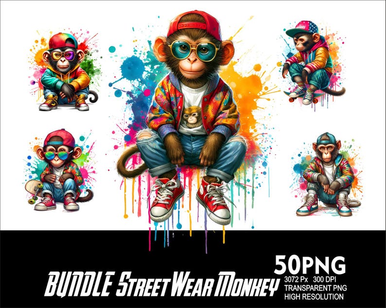 May include: A digital download of 50 PNG images featuring monkeys wearing street wear. The monkeys are wearing colorful clothing, hats, and sunglasses. The images are high resolution and transparent.