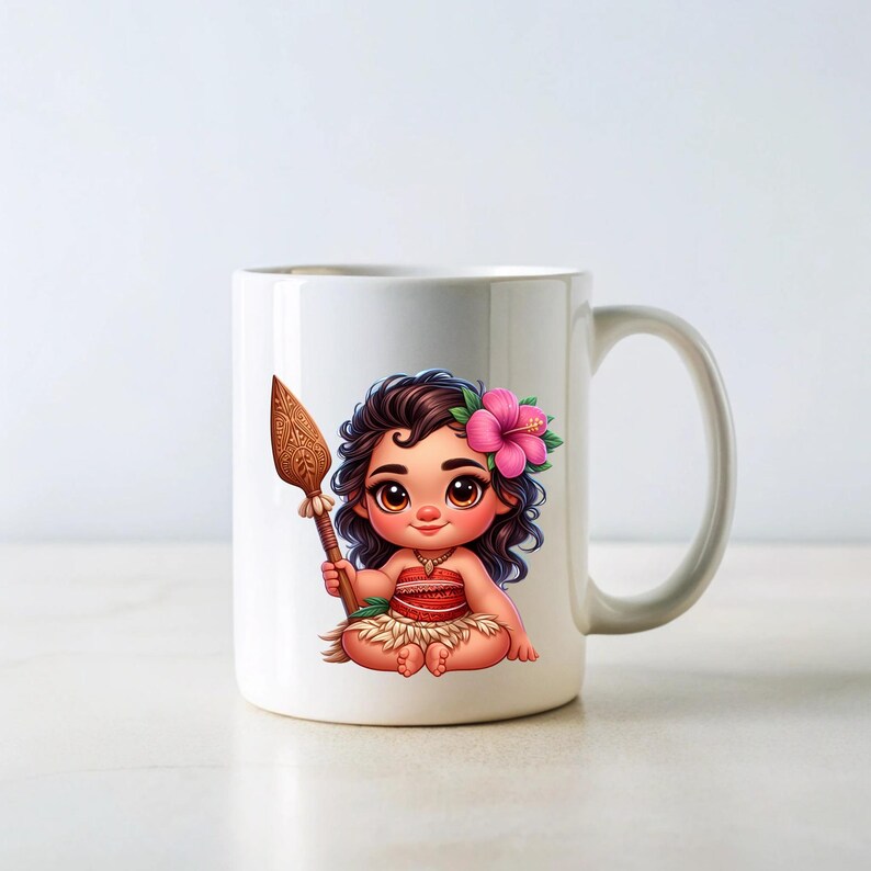 May include: White ceramic mug with a cartoon image of a brown-haired girl with a pink flower in her hair. The girl is holding a brown spear and wearing a red and brown outfit.