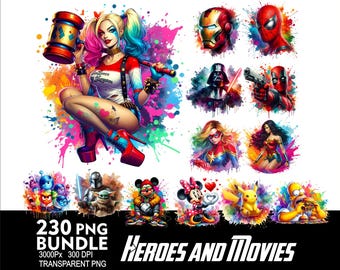 BUNDLE 230 Heroes and Movies Character SuperHero Design PNG 300DPI High Resolution Png Cartoon Hero Design Png Set1