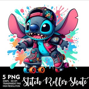 May include: A blue and pink cartoon character wearing a red and black jacket and a blue hat with flowers on it. The character is on roller skates with colourful wheels and is surrounded by colourful paint splatters. The text "Stitch Roller Skate" is at the bottom of the image.