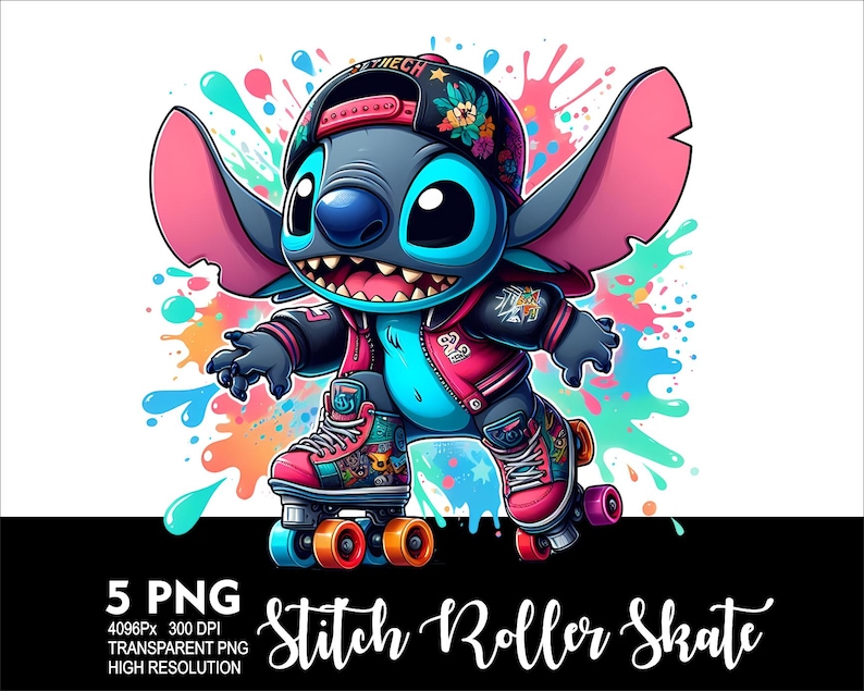 May include: A blue and pink cartoon character wearing a red and black jacket and a blue hat with flowers on it. The character is on roller skates with colourful wheels and is surrounded by colourful paint splatters. The text "Stitch Roller Skate" is at the bottom of the image.