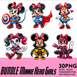 BUNDLE Superhero Minnie Girl Clipart 30 PNG Mouse Design for Sublimation Png 300DPI High Resolution Png Tshirt Mug Tumpler Cartoon Minnie