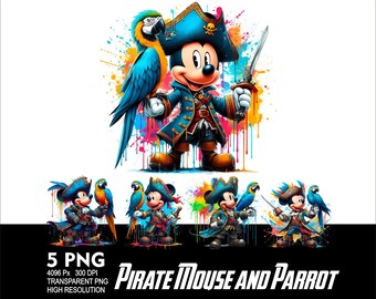 Pirate Mickey and Parrot 5 PNG Design for WaterColor Sublimation Png 300DPI High Resolution Png Tshirt Mug Tumpler Pirates Mouse Design