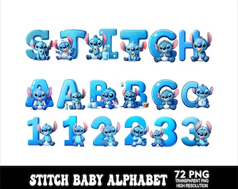 Letras del alfabeto de Stitch para bebé, estilo caricatura, en formato PNG. Diseño de letras de Stitch azules en formato PNG. Fuente para fiesta de bebé.