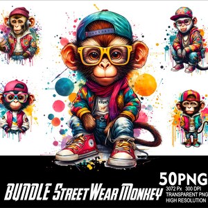 May include: A set of 50 digital illustrations of monkeys wearing street wear clothing. The monkeys are wearing colorful clothing, hats, and sunglasses. The illustrations are in a cartoon style and are perfect for use in digital projects.