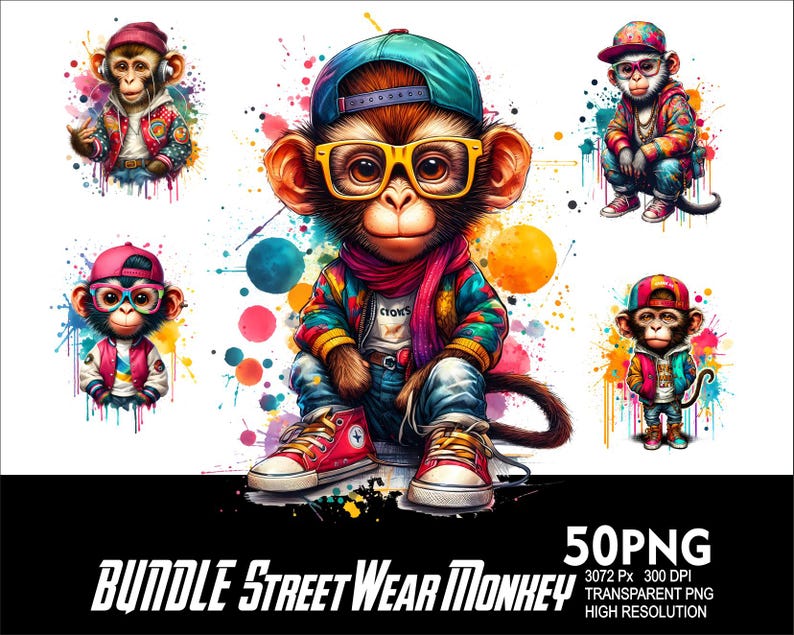 May include: A set of 50 digital illustrations of monkeys wearing street wear clothing. The monkeys are wearing colorful clothing, hats, and sunglasses. The illustrations are in a cartoon style and are perfect for use in digital projects.