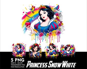 Op de afbeelding: Vijf digitale illustraties van Sneeuwwitje, een Disney-prinses, met een regenboogachtergrond en druipende verf. Sneeuwwitje draagt haar kenmerkende gele en blauwe jurk en een rode strik.