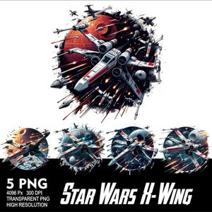 May include: Digital illustration featuring X-wing starfighters in a space battle against a Death Star-like planet. The image is predominantly red, white, and gray, with dynamic lines suggesting movement and conflict. The text "STAR WARS H-WING" is displayed.