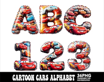Cartoon Cars Alphabet PNG letters Design Cars Letters Png Baby Party Font