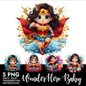 May include: Five digital illustrations of a baby dressed as Wonder Woman. The baby is wearing a red, blue and gold costume with a star on her forehead. The baby is standing on a cloud with a lightning bolt behind her. The text "Wonder Hero Baby" is at the bottom of the image.