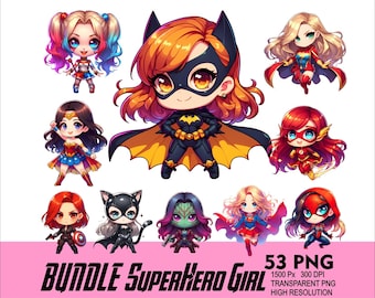 BUNDLE Superhero Girl Clipart 53 PNG Hero Girl Design for Sublimation Png 300DPI High Resolution Png Tshirt Mug Cartoon Girl Hero Design