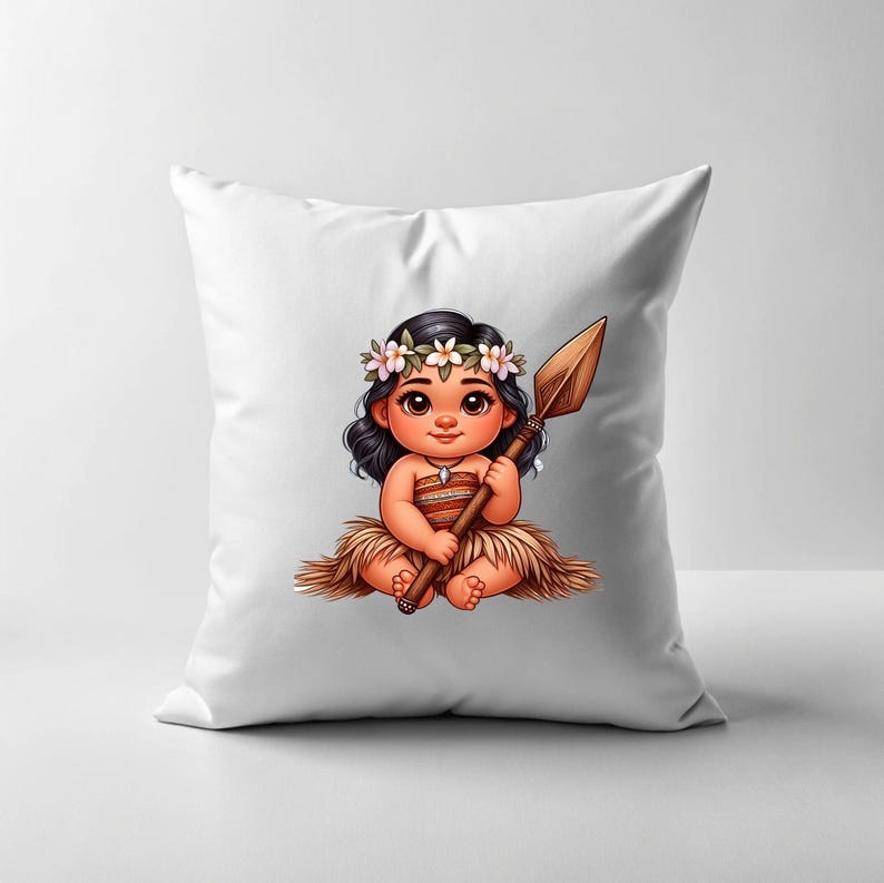 May include: A white pillow with a printed image of a cartoon girl wearing a flower crown and holding a spear. She is wearing a brown skirt and has brown hair.
