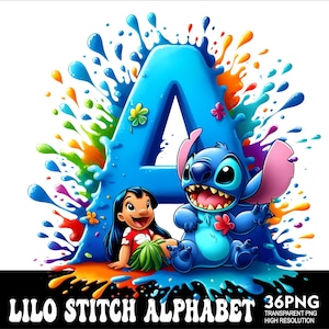 May include: A blue letter A with a colorful paint splatter background. Stitch and Lilo from the Disney movie Lilo & Stitch are standing in front of the letter. Stitch is blue with a pink ear and Lilo is wearing a red and green outfit.