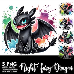 Cartoon Black Dragon Night Fury Watercolor 5 PNG Toothless Design for Sublimation Png 300DPI High Resolution Png Tshirt Mug Tumpler