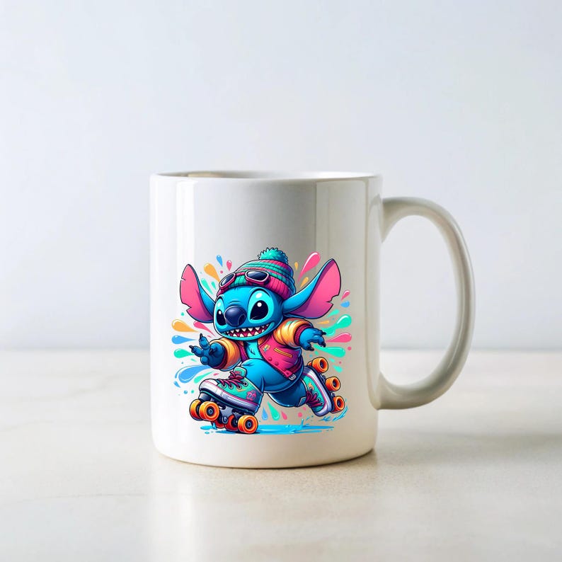 May include: White ceramic mug featuring a blue cartoon character wearing a pink and white hat and a blue jacket, roller skating on a colourful background.