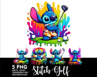 Könnte beinhalten: Fünf digitale Illustrationen von Stitch aus Lilo & Stitch beim Golfspielen. Stitch trägt ein blaues Hemd und rote Shorts. Der Hintergrund ist ein farbenfrohes Spritzmuster. Der Text "Stitch Golf" befindet sich am unteren Rand des Bildes.