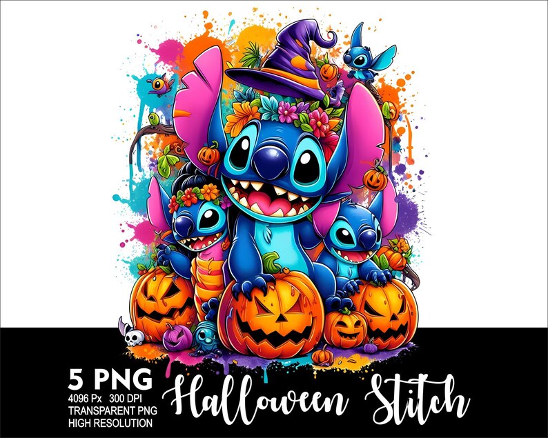 Może przedstawiać: Kolorowa cyfrowa ilustracja Stitch'a z Lilo & Stitch, ubranego w kapelusz czarownicy i trzymającego dynię. Stitch jest otoczony dyniami i innymi dekoracjami halloweenowymi. Tekst "Halloween Stitch" jest napisany pod obrazkiem.